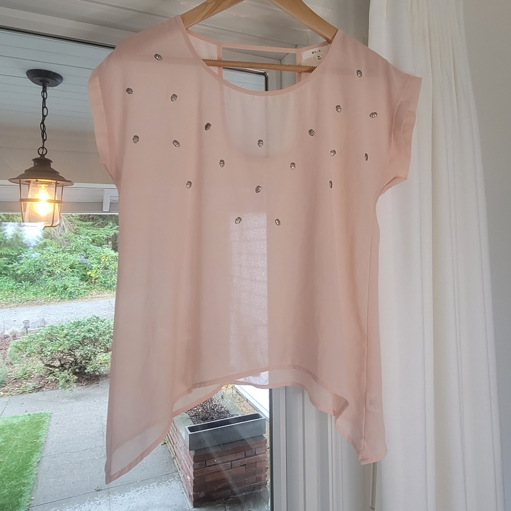Mine Light Pink Sheer Short Sleeve Silver Skull Beaded Embelishment Womens Med